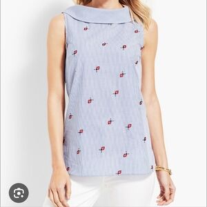 Talbots Ladybug Embroidered Striped Cotton Top sz XS Blue White Coastal Nautical